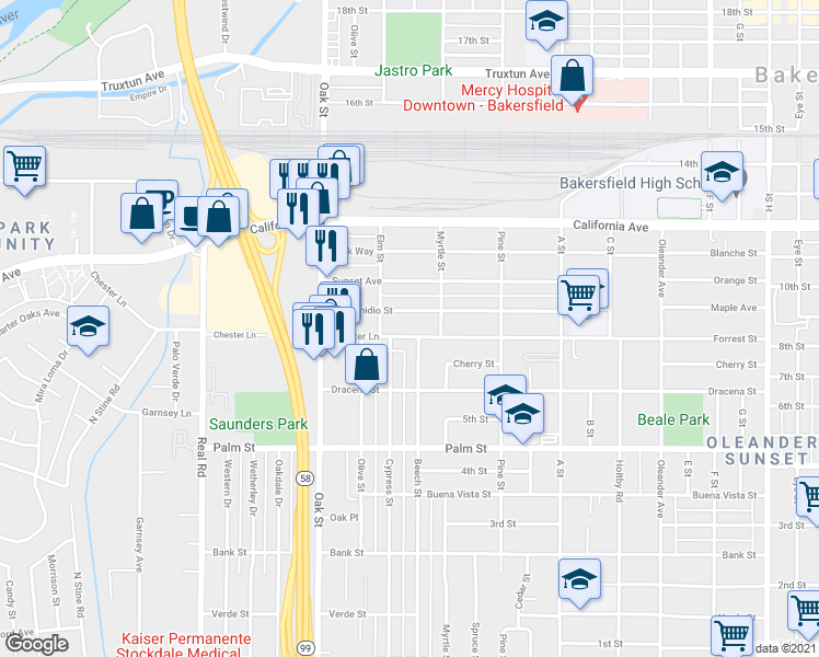 map of restaurants, bars, coffee shops, grocery stores, and more near 2905 San Emidio Street in Bakersfield