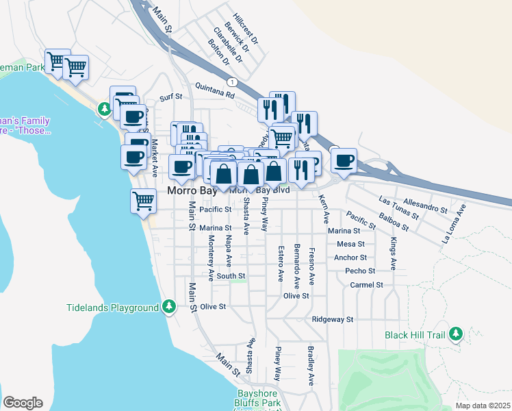 map of restaurants, bars, coffee shops, grocery stores, and more near 650 Morro Bay Boulevard in Morro Bay
