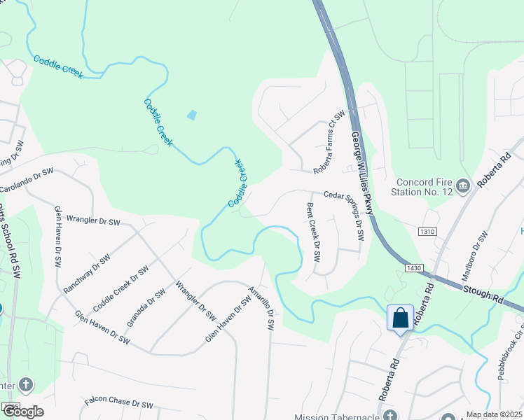 map of restaurants, bars, coffee shops, grocery stores, and more near 3505 Cedar Springs Drive Southwest in Concord