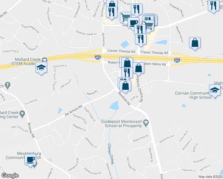 map of restaurants, bars, coffee shops, grocery stores, and more near 12563 Jessica Place in Charlotte