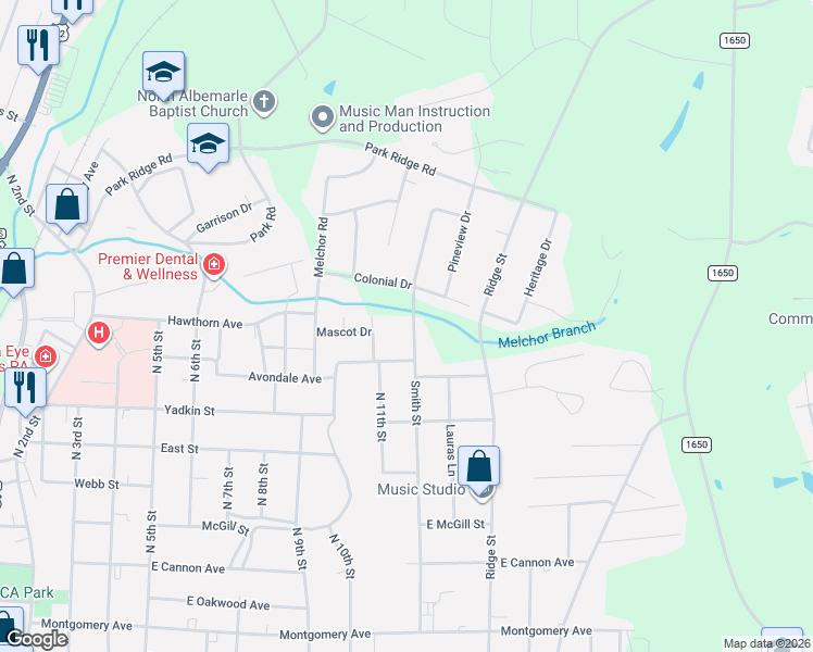 map of restaurants, bars, coffee shops, grocery stores, and more near 1017 Smith Street in Albemarle