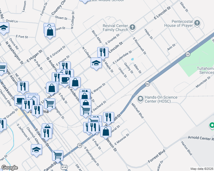map of restaurants, bars, coffee shops, grocery stores, and more near 616 East Warren Street in Tullahoma