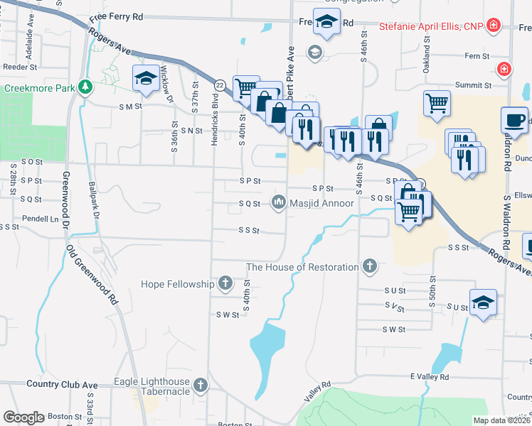 map of restaurants, bars, coffee shops, grocery stores, and more near 4020 South Q Street in Fort Smith