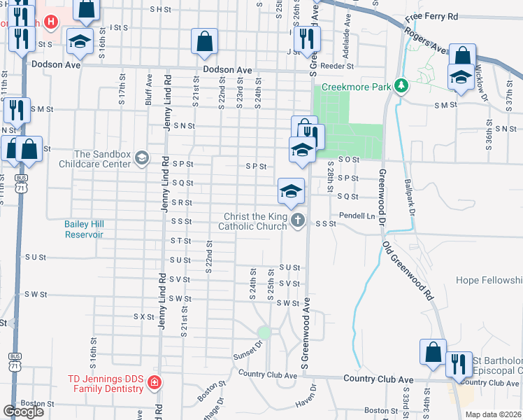 map of restaurants, bars, coffee shops, grocery stores, and more near 2400 South R Street in Fort Smith