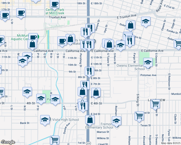 map of restaurants, bars, coffee shops, grocery stores, and more near 830 Union Ave in Bakersfield