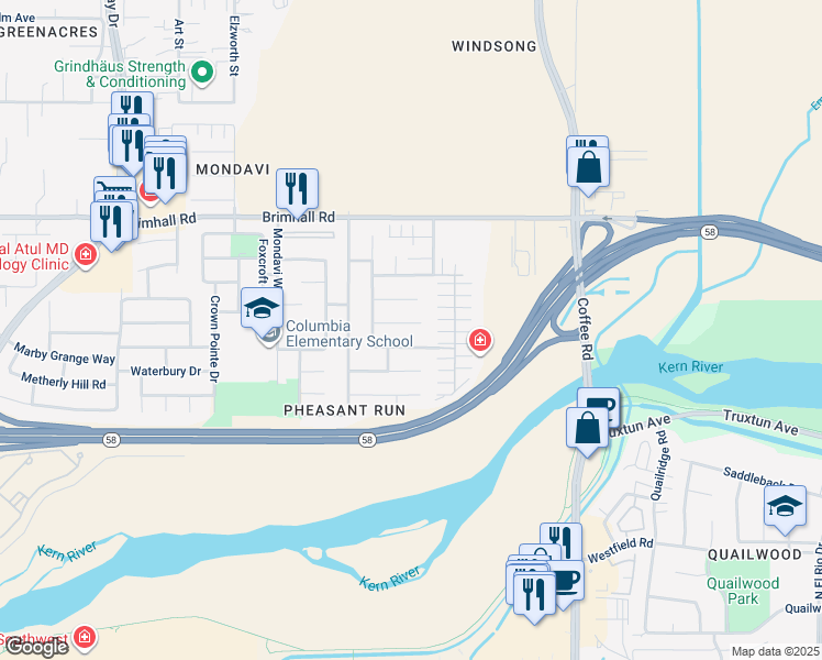 map of restaurants, bars, coffee shops, grocery stores, and more near 8617 River Spring Court in Bakersfield