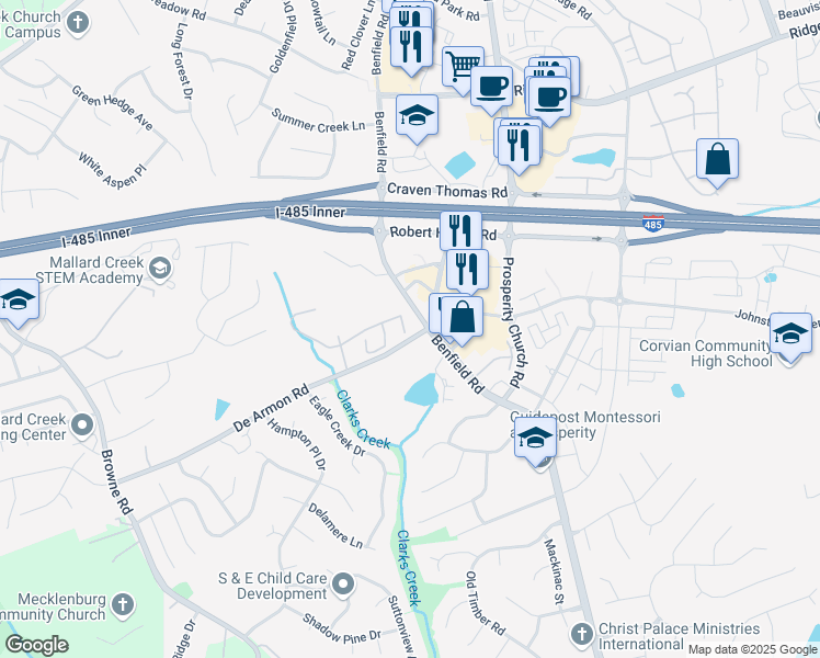 map of restaurants, bars, coffee shops, grocery stores, and more near 12577 Jessica Place in Charlotte