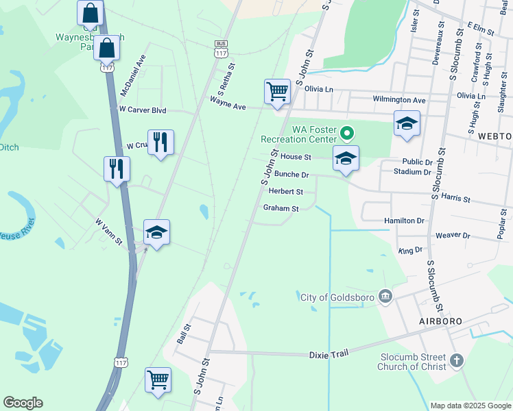 map of restaurants, bars, coffee shops, grocery stores, and more near 1521 South John Street in Goldsboro