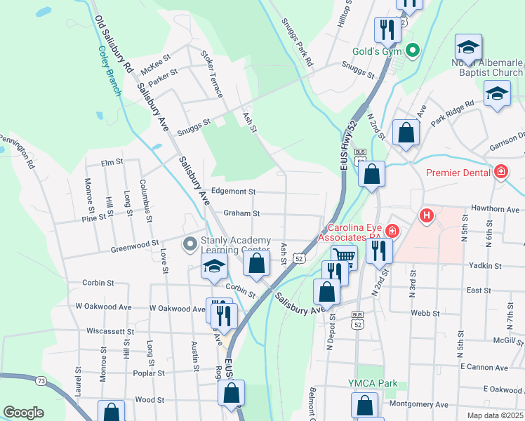 map of restaurants, bars, coffee shops, grocery stores, and more near 520 Graham Street in Albemarle