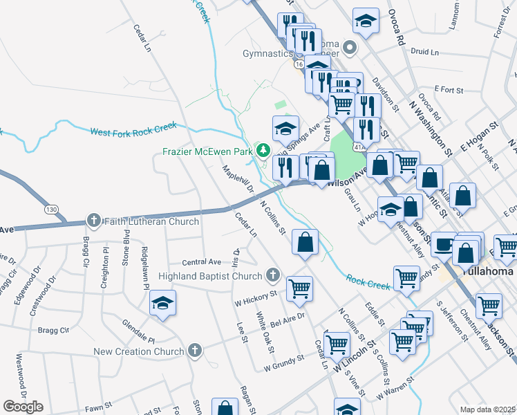 map of restaurants, bars, coffee shops, grocery stores, and more near 801 Wilson Avenue in Tullahoma