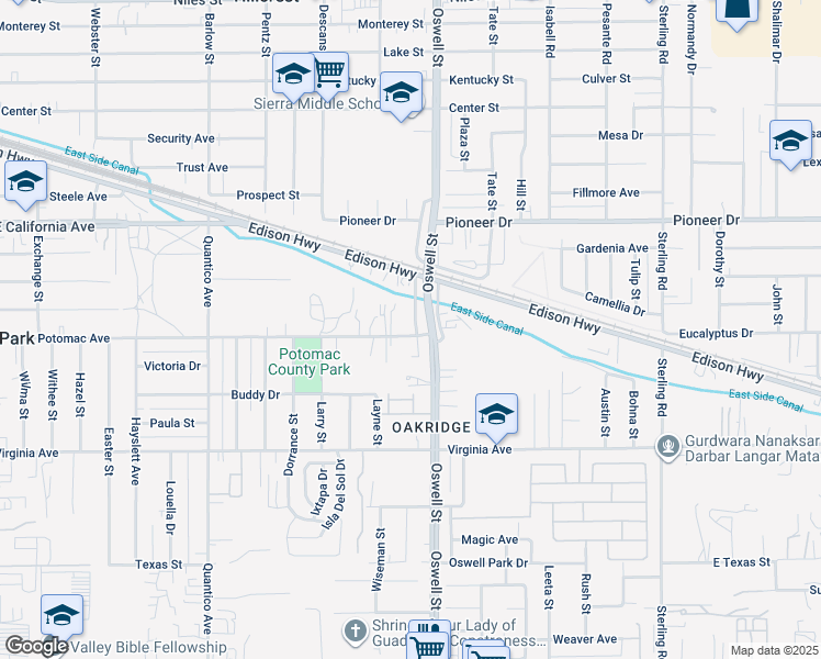 map of restaurants, bars, coffee shops, grocery stores, and more near 3032 Potomac Avenue in Bakersfield