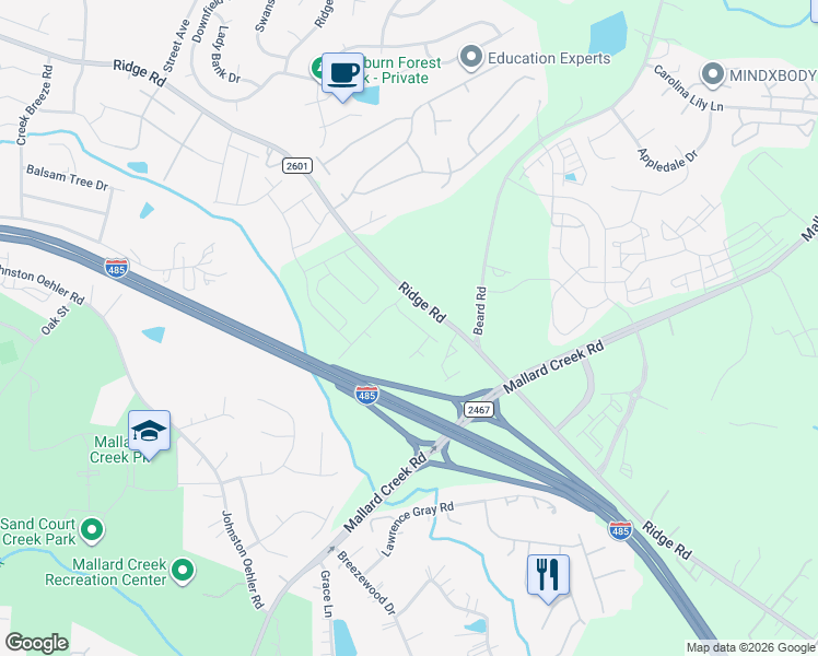 map of restaurants, bars, coffee shops, grocery stores, and more near 2745 Ridge Avenue in Charlotte