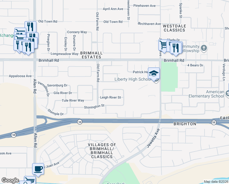 map of restaurants, bars, coffee shops, grocery stores, and more near 11809 Wethersfield Street in Bakersfield