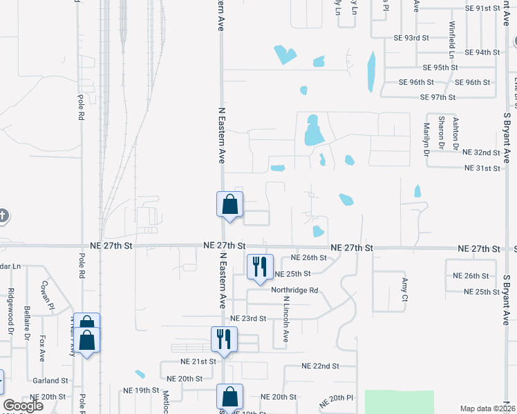 map of restaurants, bars, coffee shops, grocery stores, and more near 3109 Loren Drive in Moore