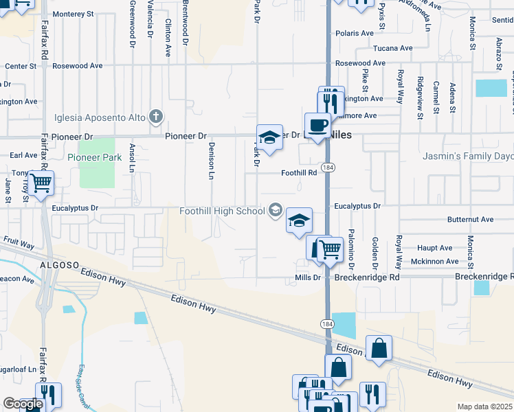 map of restaurants, bars, coffee shops, grocery stores, and more near 501 Park Drive in Bakersfield