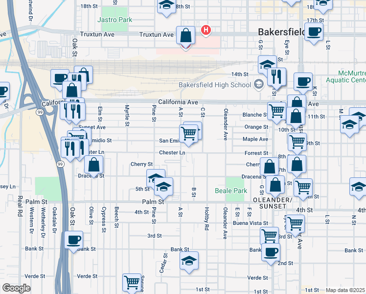 map of restaurants, bars, coffee shops, grocery stores, and more near 814 A Street in Bakersfield
