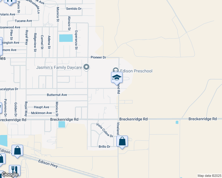 map of restaurants, bars, coffee shops, grocery stores, and more near 9617 Eucalyptus Drive in Bakersfield