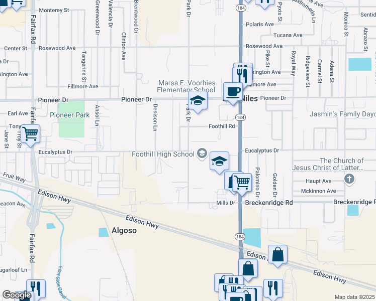 map of restaurants, bars, coffee shops, grocery stores, and more near 501 Park Drive in Bakersfield