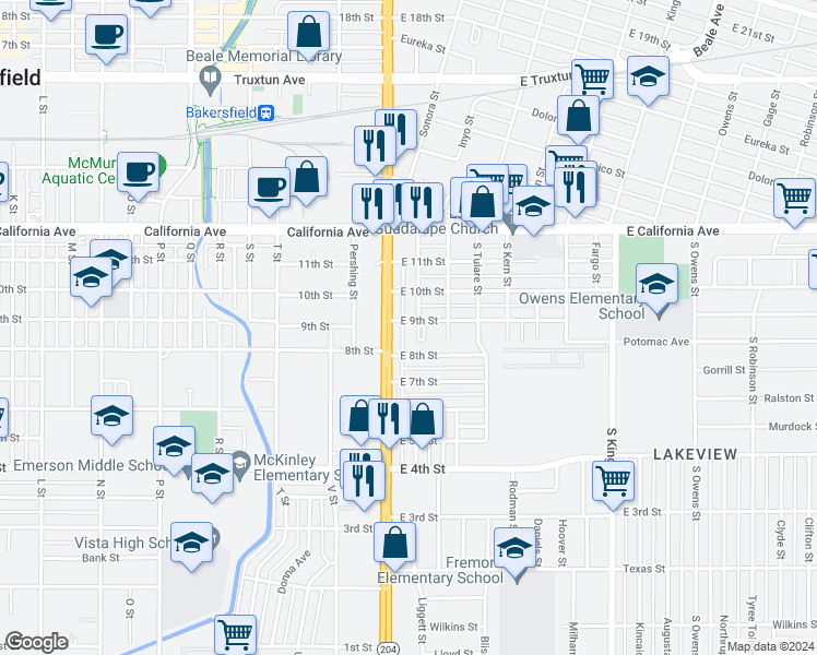 map of restaurants, bars, coffee shops, grocery stores, and more near 830 Union Avenue in Bakersfield
