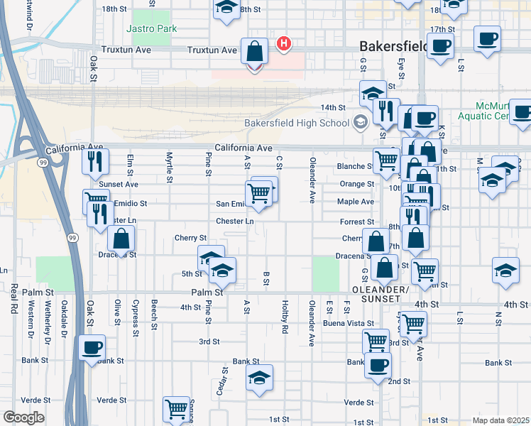 map of restaurants, bars, coffee shops, grocery stores, and more near 2201 San Emidio Street in Bakersfield