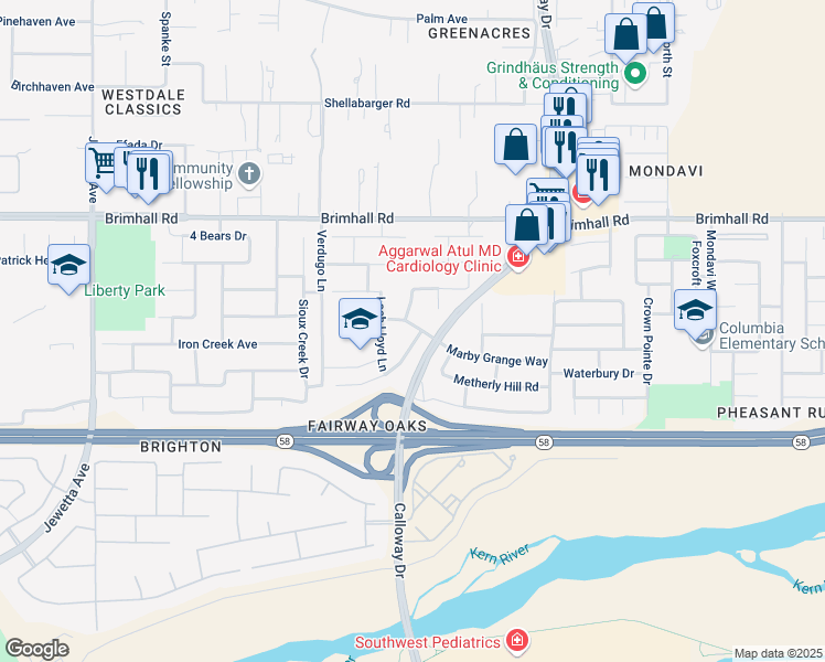 map of restaurants, bars, coffee shops, grocery stores, and more near 10208 Marby Grange Way in Bakersfield