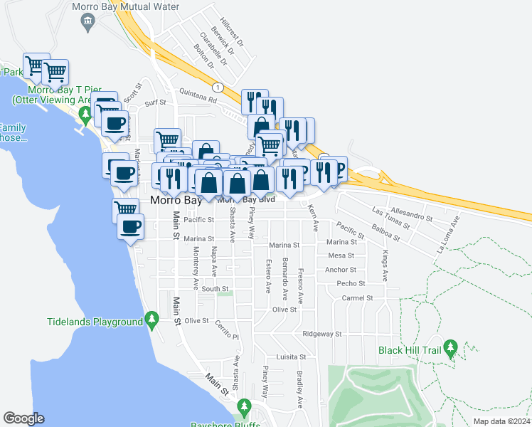 map of restaurants, bars, coffee shops, grocery stores, and more near 736 Morro Bay Boulevard in Morro Bay