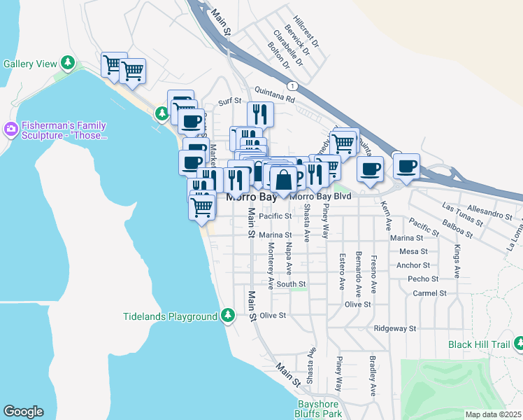 map of restaurants, bars, coffee shops, grocery stores, and more near 390 Morro Bay Boulevard in Morro Bay