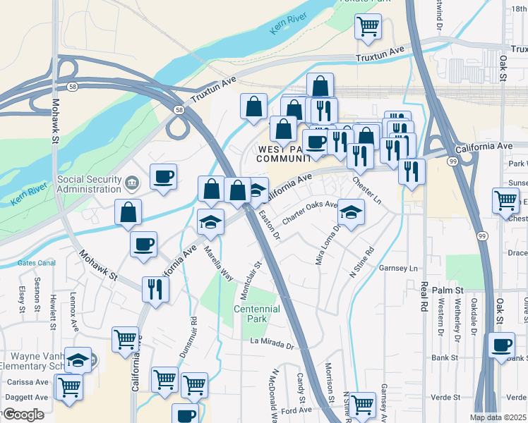 map of restaurants, bars, coffee shops, grocery stores, and more near 5028 Easton Drive in Bakersfield