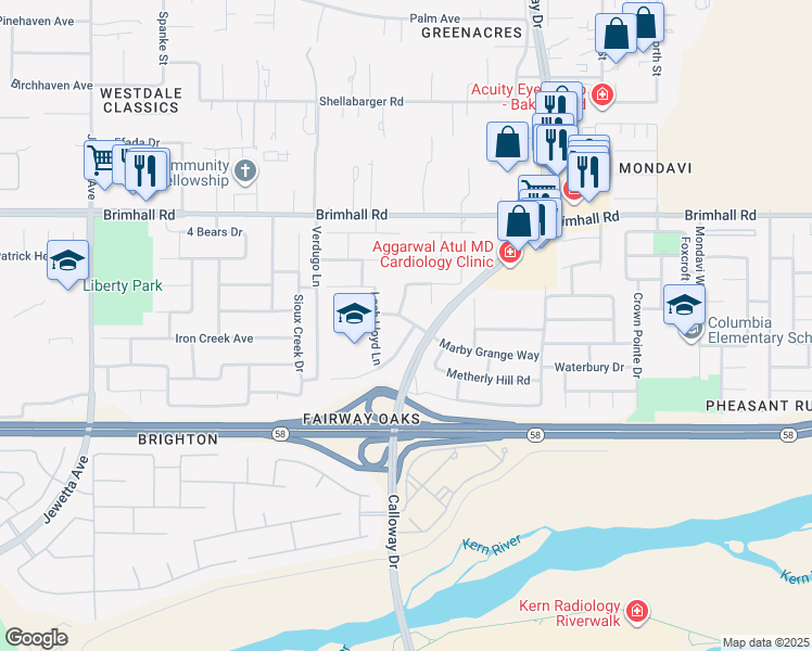 map of restaurants, bars, coffee shops, grocery stores, and more near 10208 Marby Grange Way in Bakersfield