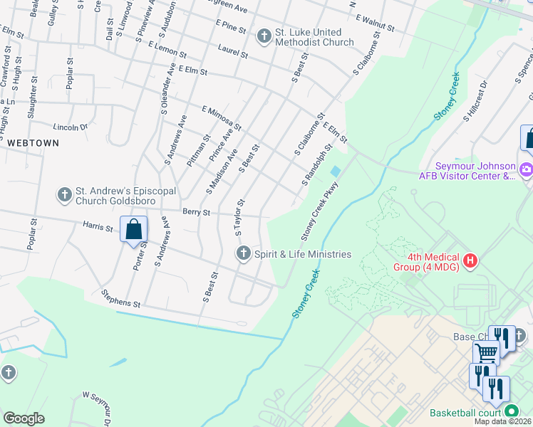 map of restaurants, bars, coffee shops, grocery stores, and more near 912 South Claiborne Street in Goldsboro