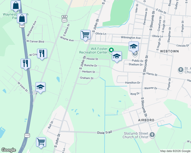 map of restaurants, bars, coffee shops, grocery stores, and more near 223 Graham Street in Goldsboro