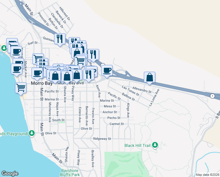 map of restaurants, bars, coffee shops, grocery stores, and more near 960 Balboa Street in Morro Bay
