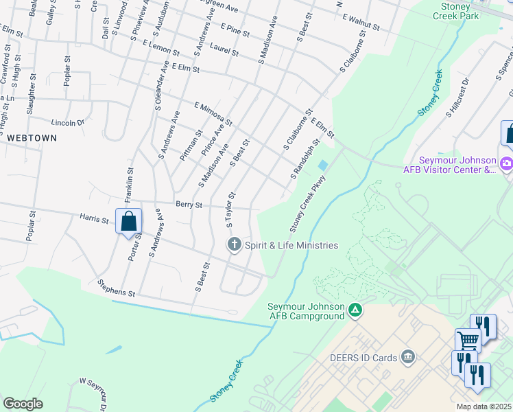 map of restaurants, bars, coffee shops, grocery stores, and more near 912 South Claiborne Street in Goldsboro