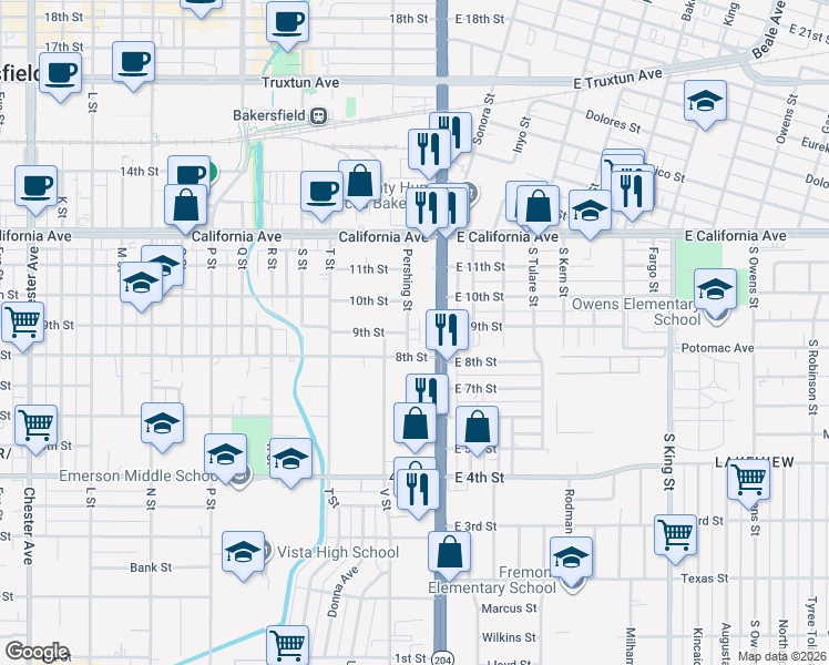map of restaurants, bars, coffee shops, grocery stores, and more near 808 Pershing Street in Bakersfield