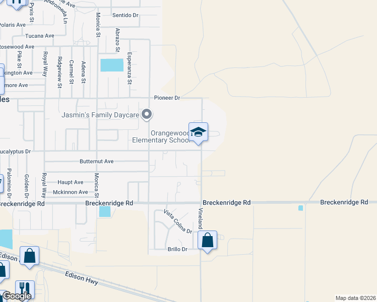 map of restaurants, bars, coffee shops, grocery stores, and more near 9617 Eucalyptus Drive in Bakersfield