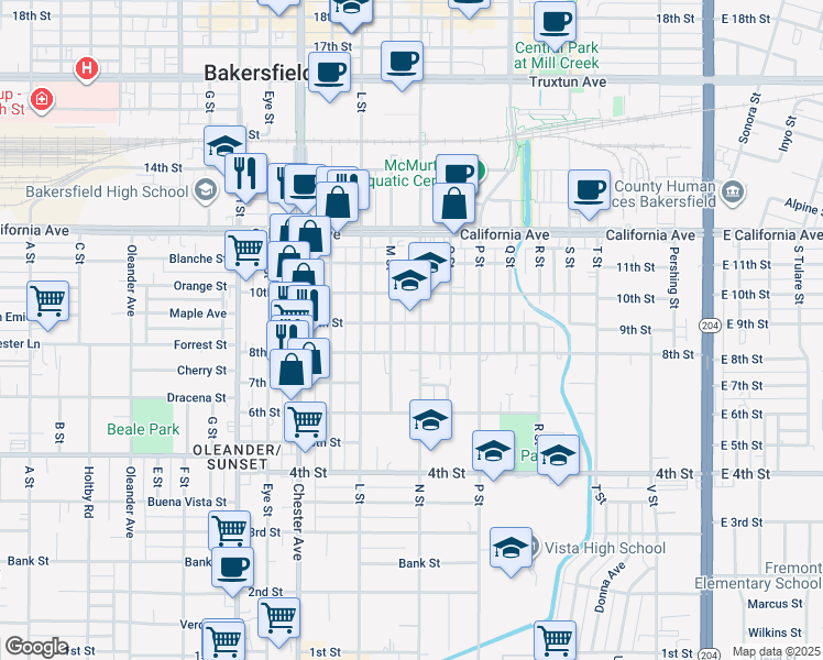 map of restaurants, bars, coffee shops, grocery stores, and more near 831 N Street in Bakersfield