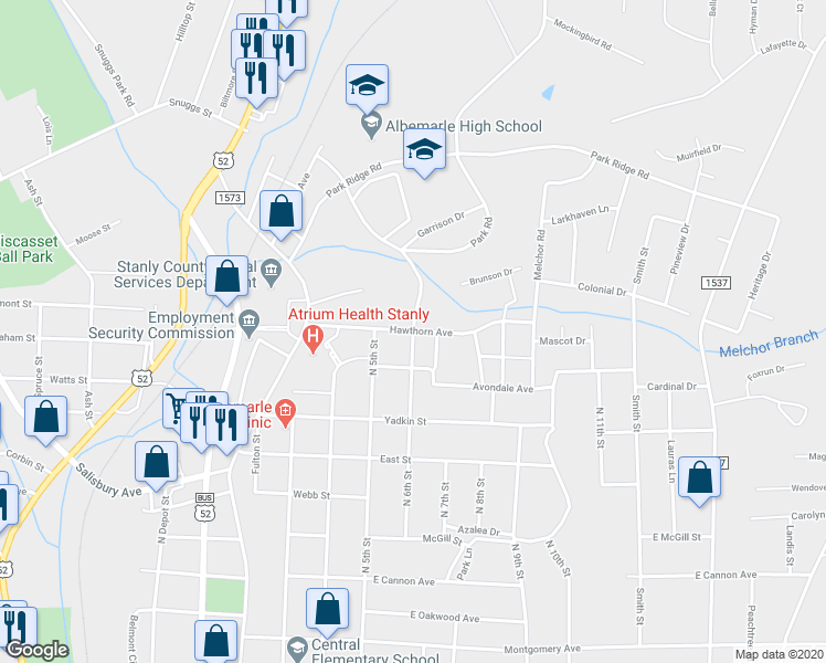 map of restaurants, bars, coffee shops, grocery stores, and more near 598 Hawthorn Avenue in Albemarle