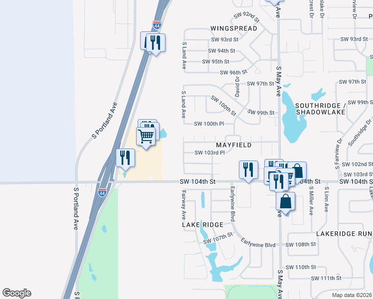 map of restaurants, bars, coffee shops, grocery stores, and more near 3225 Southwest 103rd Place in Oklahoma City