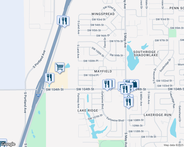 map of restaurants, bars, coffee shops, grocery stores, and more near 3129 Southwest 103rd Place in Oklahoma City