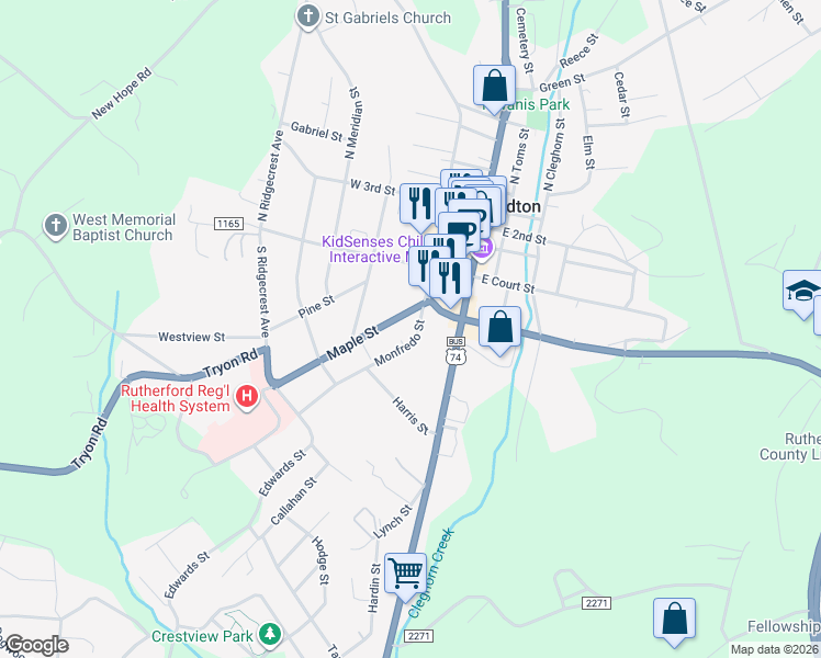 map of restaurants, bars, coffee shops, grocery stores, and more near 141 Maple Street in Rutherfordton