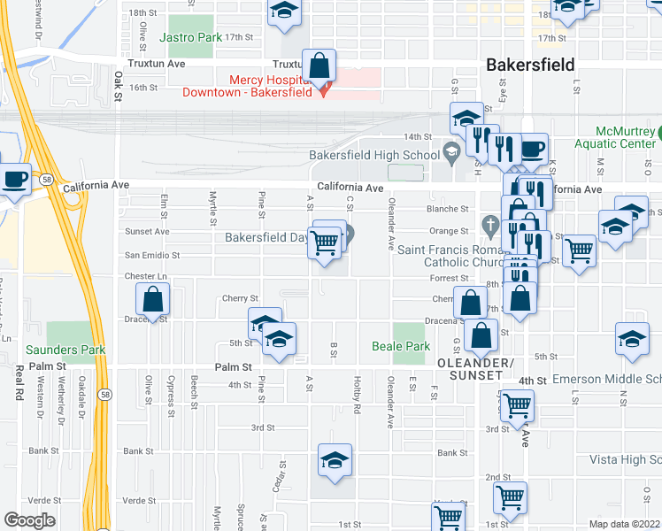 map of restaurants, bars, coffee shops, grocery stores, and more near 2201 San Emidio Street in Bakersfield