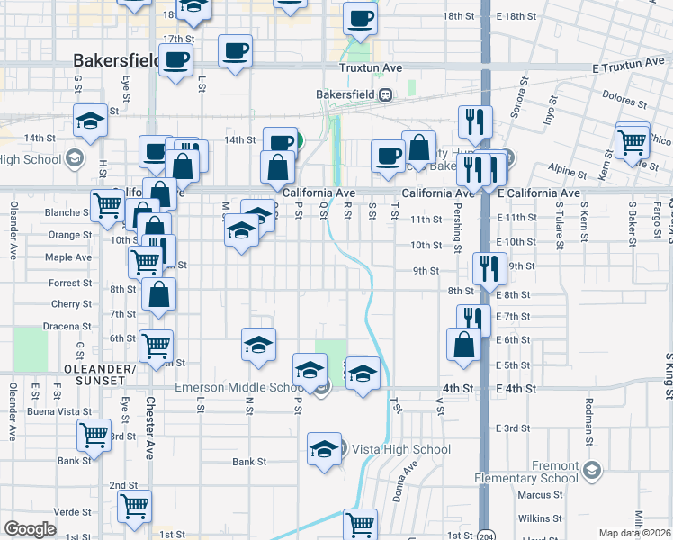 map of restaurants, bars, coffee shops, grocery stores, and more near 715 9th Street in Bakersfield