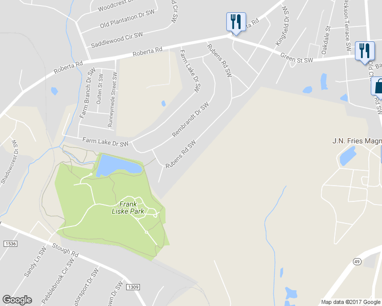 map of restaurants, bars, coffee shops, grocery stores, and more near 823 Rubens Road Southwest in Concord