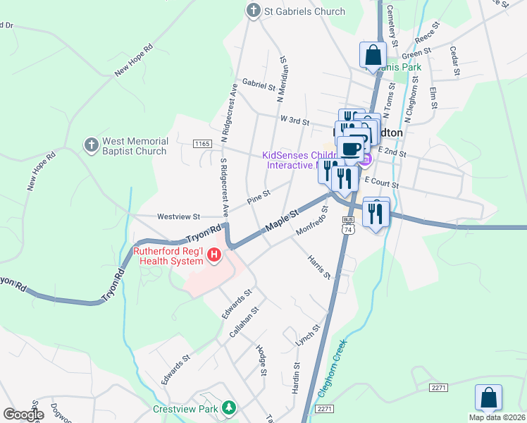 map of restaurants, bars, coffee shops, grocery stores, and more near 167 Pine Street in Rutherfordton