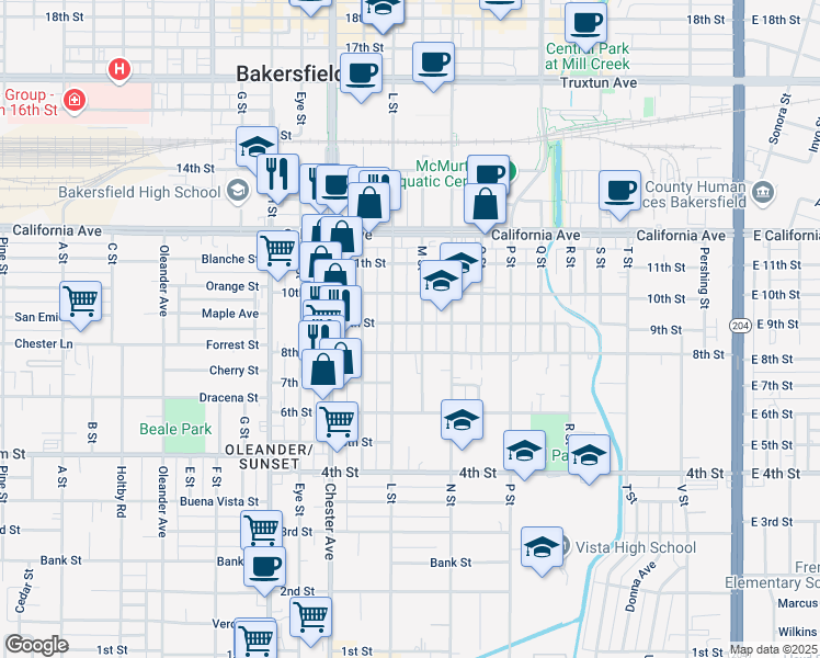 map of restaurants, bars, coffee shops, grocery stores, and more near 1211 9th Street in Bakersfield