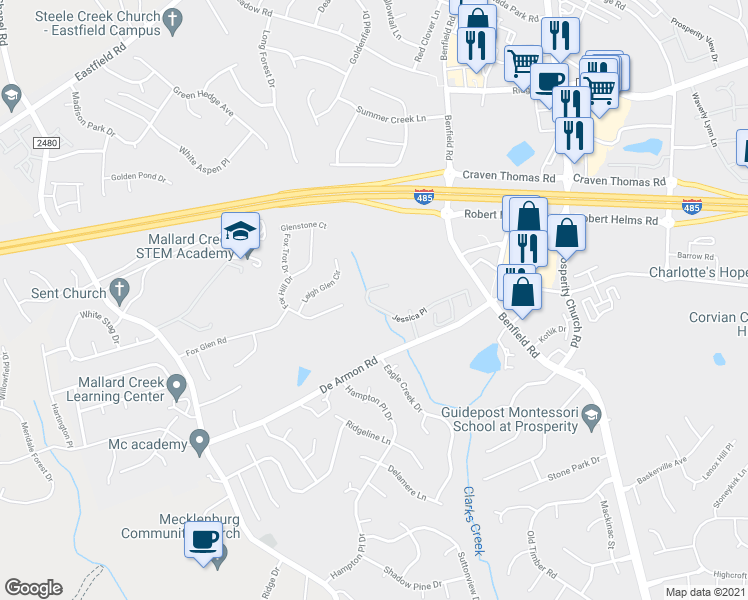 map of restaurants, bars, coffee shops, grocery stores, and more near 12239 Jessica Place in Charlotte