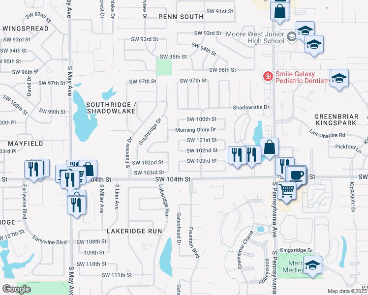 map of restaurants, bars, coffee shops, grocery stores, and more near 2421 Southwest 102nd Street in Oklahoma City