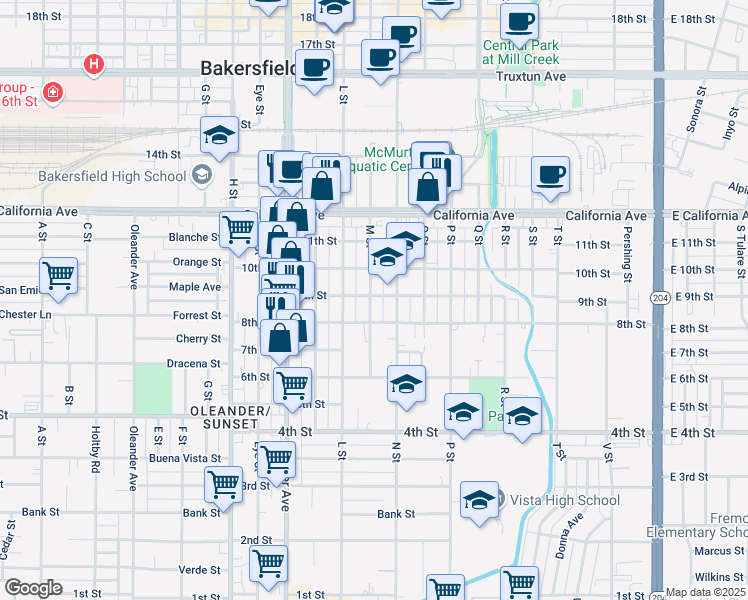 map of restaurants, bars, coffee shops, grocery stores, and more near 830 M Street in Bakersfield