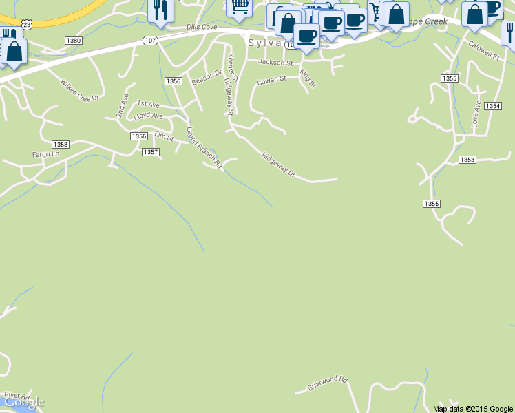 map of restaurants, bars, coffee shops, grocery stores, and more near 638 Ridgeway St in Sylva