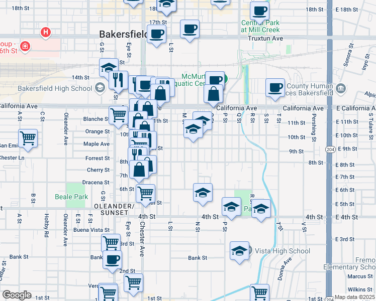 map of restaurants, bars, coffee shops, grocery stores, and more near 831 N Street in Bakersfield